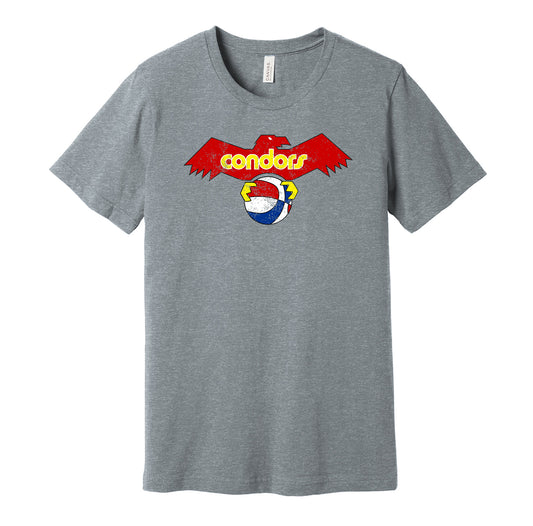 Pittsburgh Condors vintage distressed logo grey t-shirt featuring the classic ABA basketball team logo in a retro worn style by Hyper Than Hype Shirts.