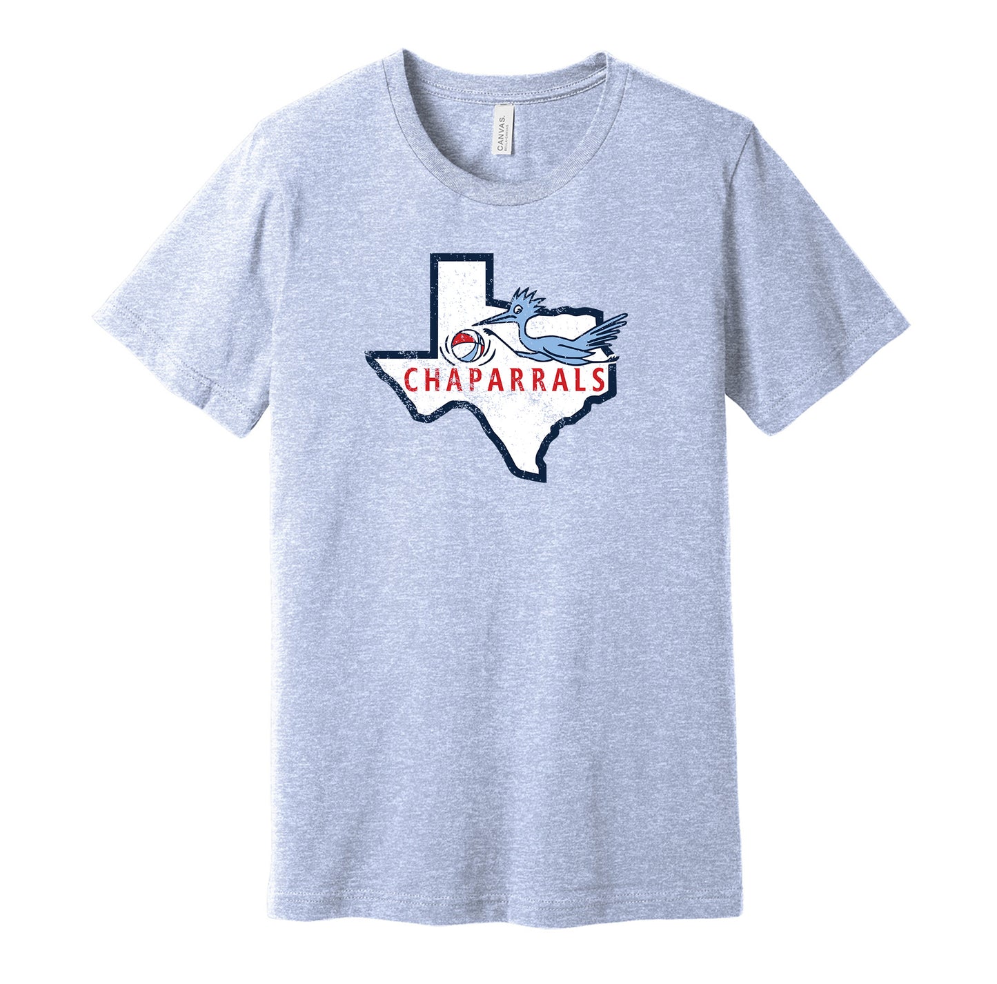 Dallas Chaparrals vintage distressed logo light blue t-shirt featuring the classic ABA basketball team logo in a retro worn style by Hyper Than Hype Shirts.