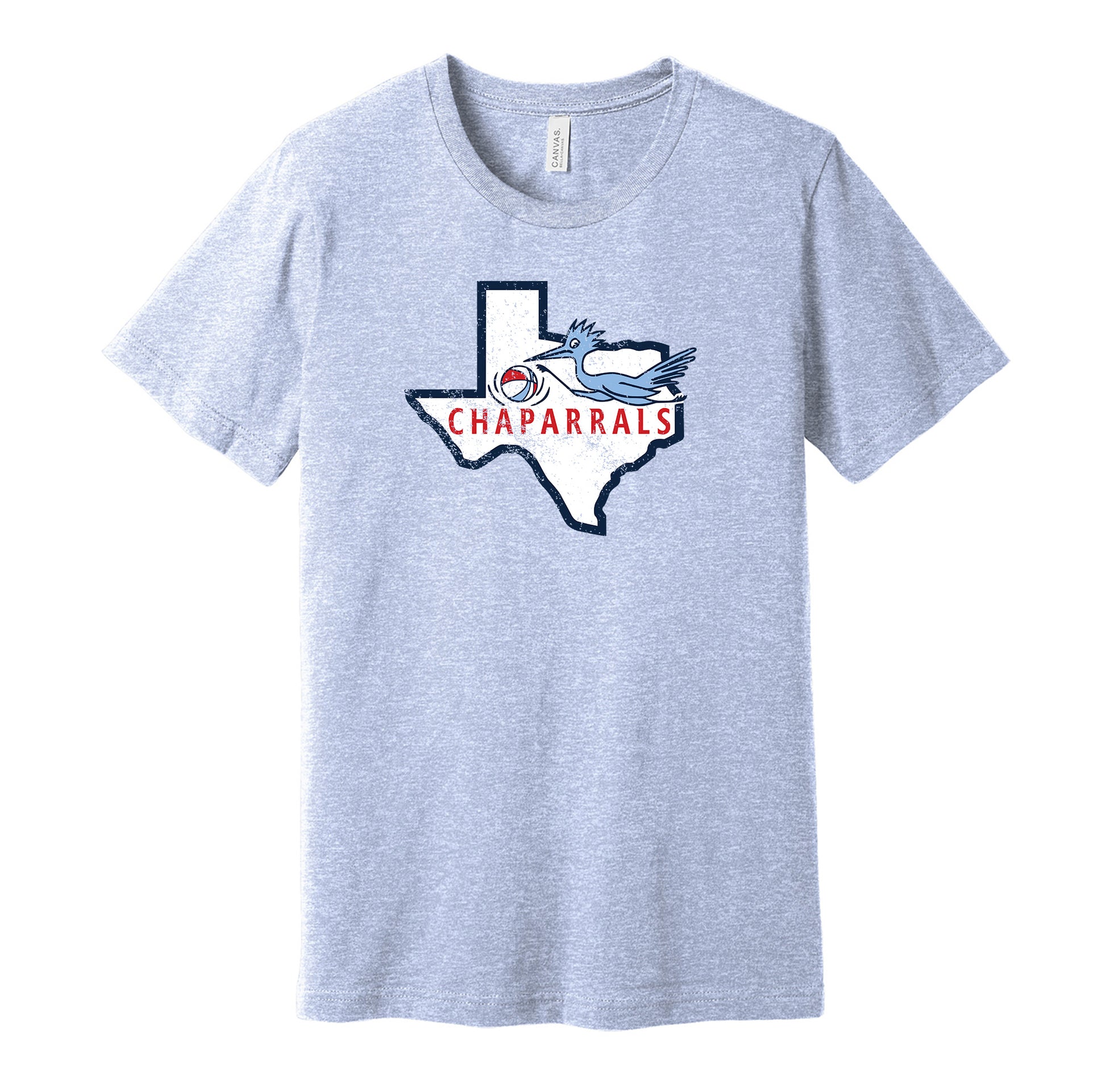 Dallas Chaparrals vintage distressed logo light blue t-shirt featuring the classic ABA basketball team logo in a retro worn style by Hyper Than Hype Shirts.