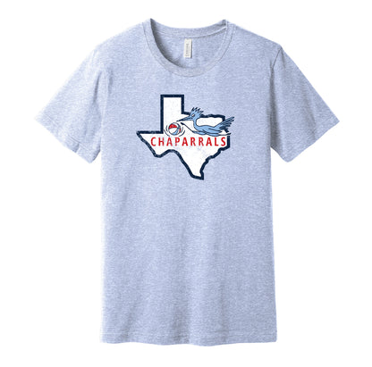 Dallas Chaparrals vintage distressed logo light blue t-shirt featuring the classic ABA basketball team logo in a retro worn style by Hyper Than Hype Shirts.