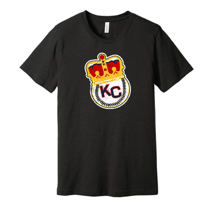 Kansas City Monarchs vintage distressed crown logo black t-shirt featuring the classic Negro League baseball team logo in a retro worn style by Hyper Than Hype Shirts.