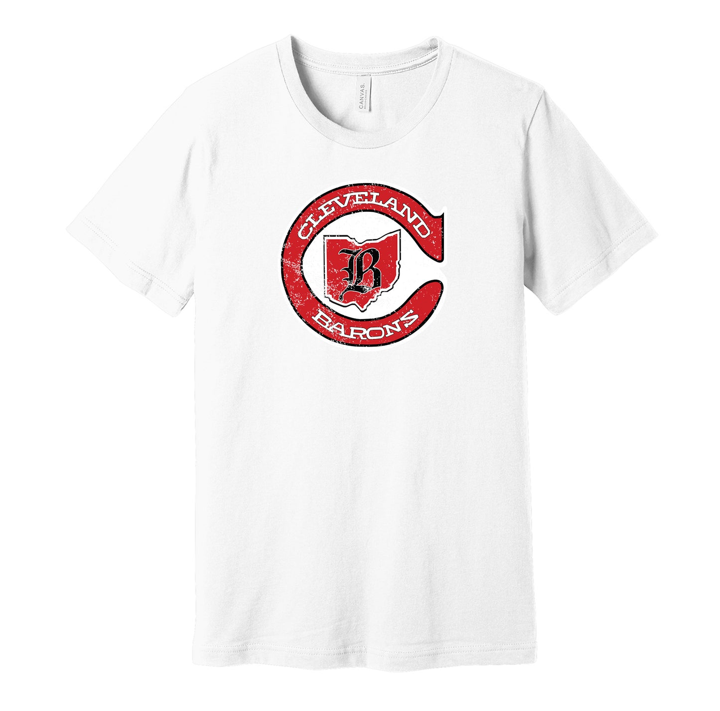 Cleveland Barons vintage distressed logo white t-shirt featuring the classic 1970s NHL hockey team logo in a retro worn style by Hyper Than Hype Shirts.