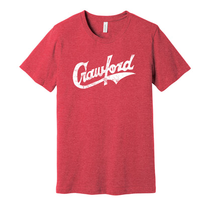 Pittsburgh Crawfords vintage distressed logo red t-shirt featuring the classic Negro League baseball team logo in a retro worn style by Hyper Than Hype Shirts.