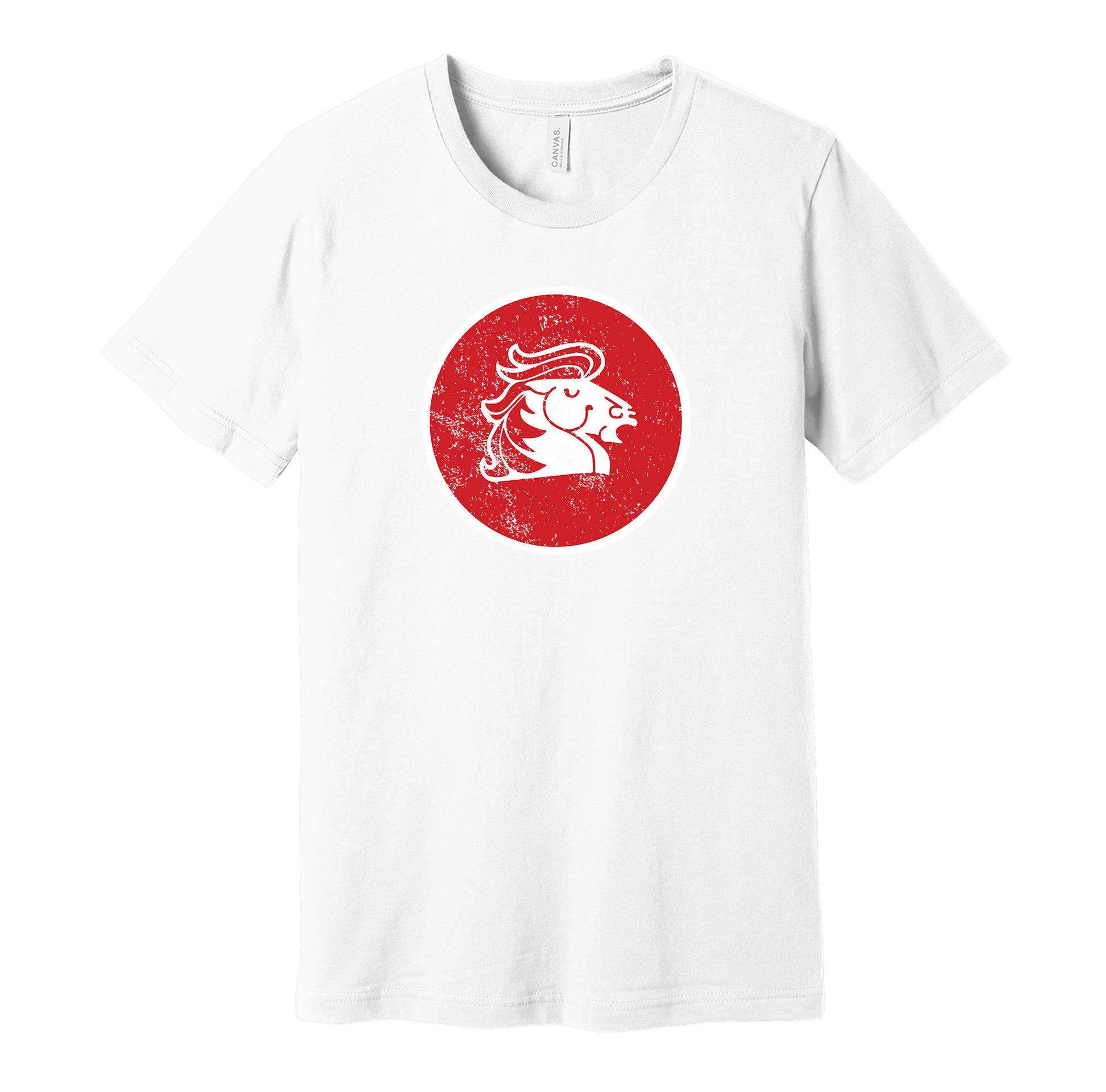 Calgary Broncos vintage distressed logo white t-shirt featuring the classic 1970s WHA hockey team logo in a retro worn style by Hyper Than Hype Shirts.