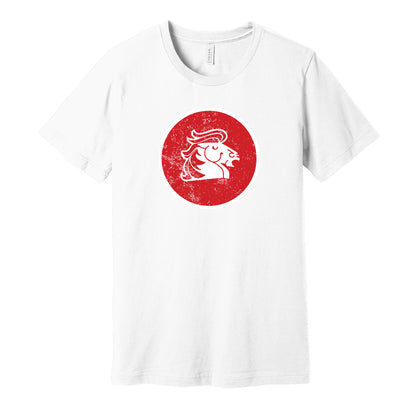 Calgary Broncos vintage distressed logo white t-shirt featuring the classic 1970s WHA hockey team logo in a retro worn style by Hyper Than Hype Shirts.