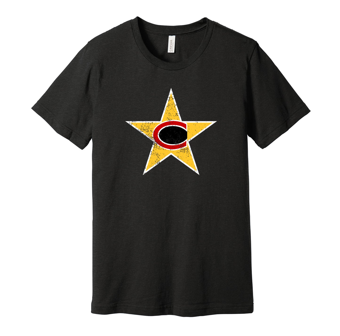 Charlotte Stars vintage distressed logo black t-shirt featuring the classic 1970s WFL football team logo in a retro worn style by Hyper Than Hype Shirts.