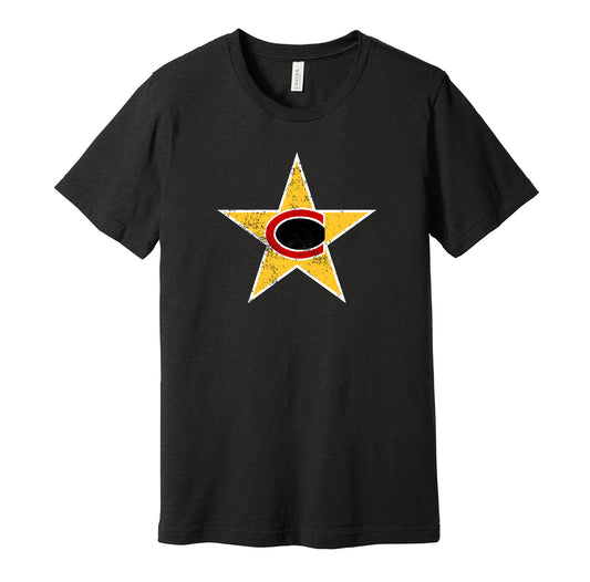 Charlotte Stars vintage distressed logo black t-shirt featuring the classic 1970s WFL football team logo in a retro worn style by Hyper Than Hype Shirts.