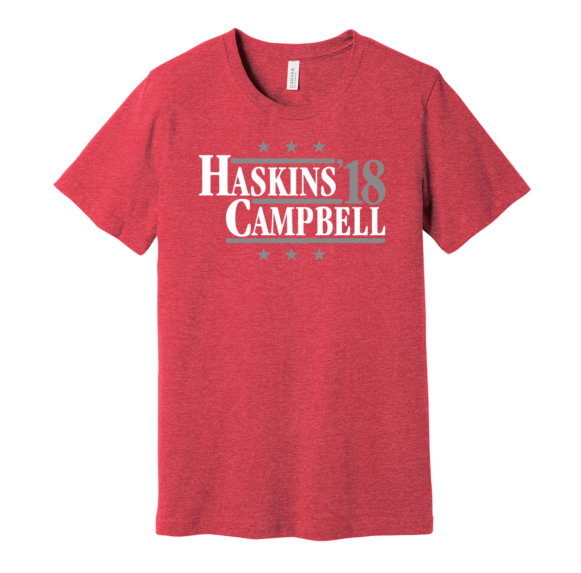 Ohio State Buckeyes retro political campaign parody red t-shirt featuring Dwayne Haskins and Parris Campbell '18, designed in a vintage election style by Hyper Than Hype Shirts.