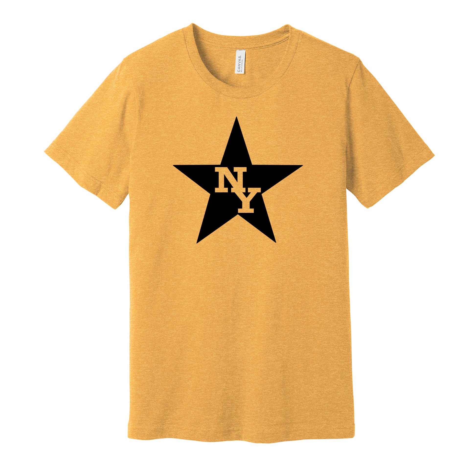 New York Stars vintage distressed logo gold t-shirt featuring the classic 1970s WFL football team logo in a retro worn style by Hyper Than Hype Shirts.