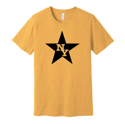 New York Stars vintage distressed logo gold t-shirt featuring the classic 1970s WFL football team logo in a retro worn style by Hyper Than Hype Shirts.