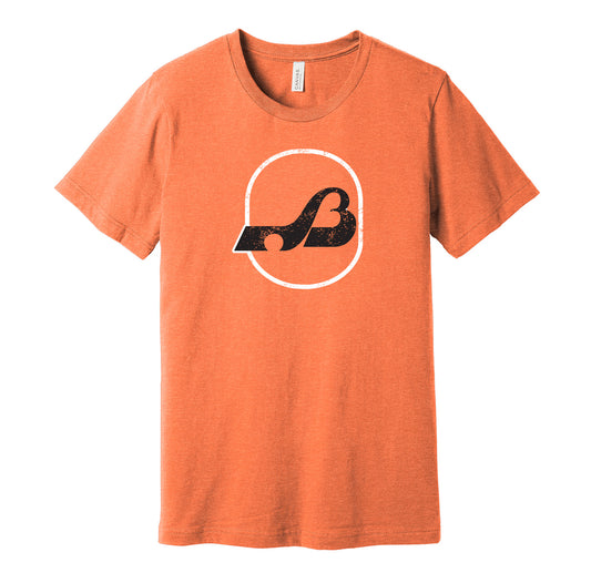 Baltimore Blades vintage distressed logo orange t-shirt featuring the classic WHA hockey team logo in a retro worn style by Hyper Than Hype Shirts.