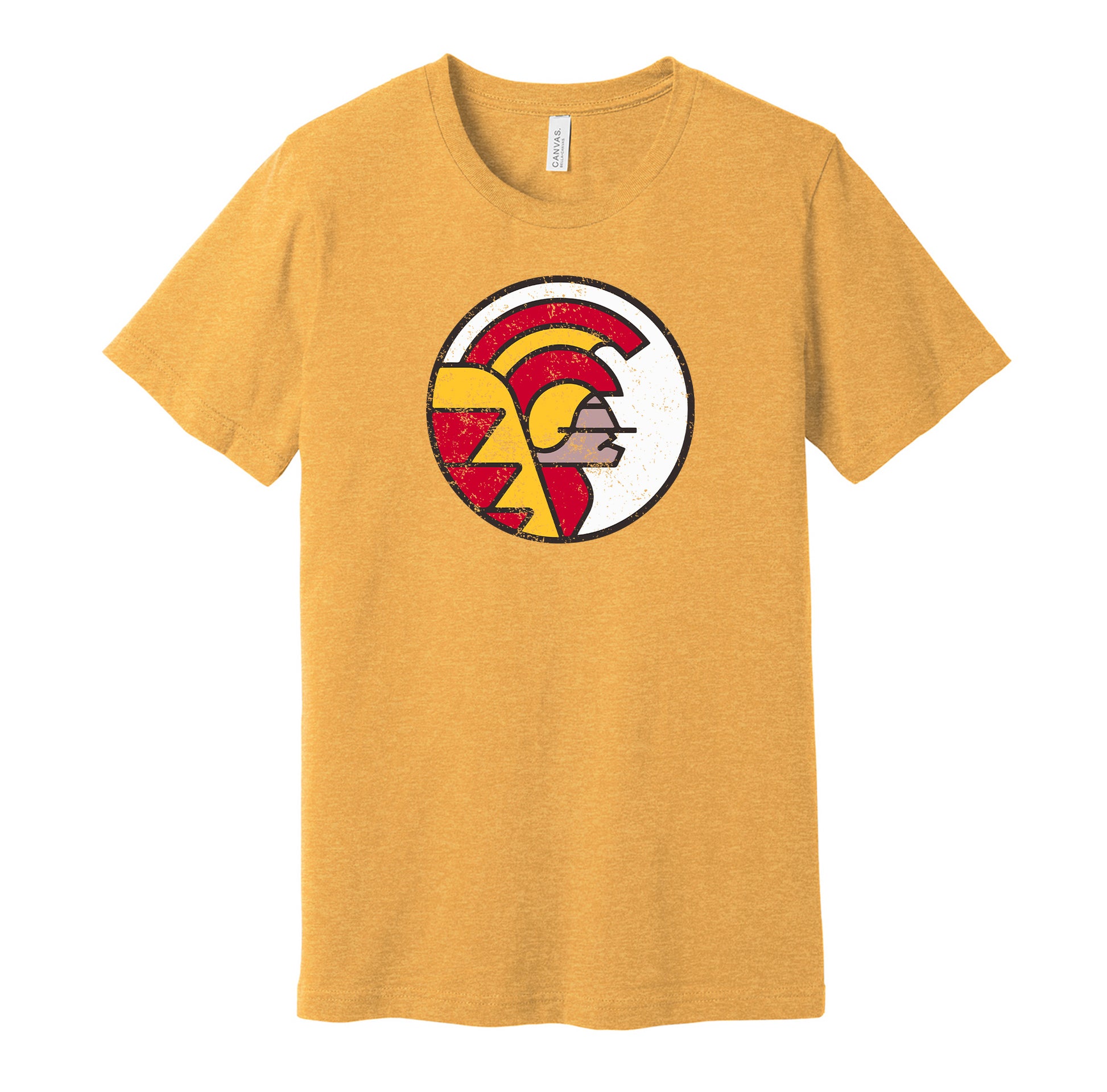 The Hawaiians vintage distressed logo gold t-shirt featuring the classic 1970s WFL football team logo in a retro worn style by Hyper Than Hype Shirts.