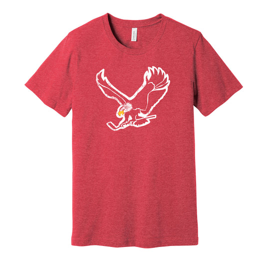 Miami Screaming Eagles vintage distressed logo red t-shirt featuring the classic 1970s WHA hockey team logo in a retro worn style by Hyper Than Hype Shirts.