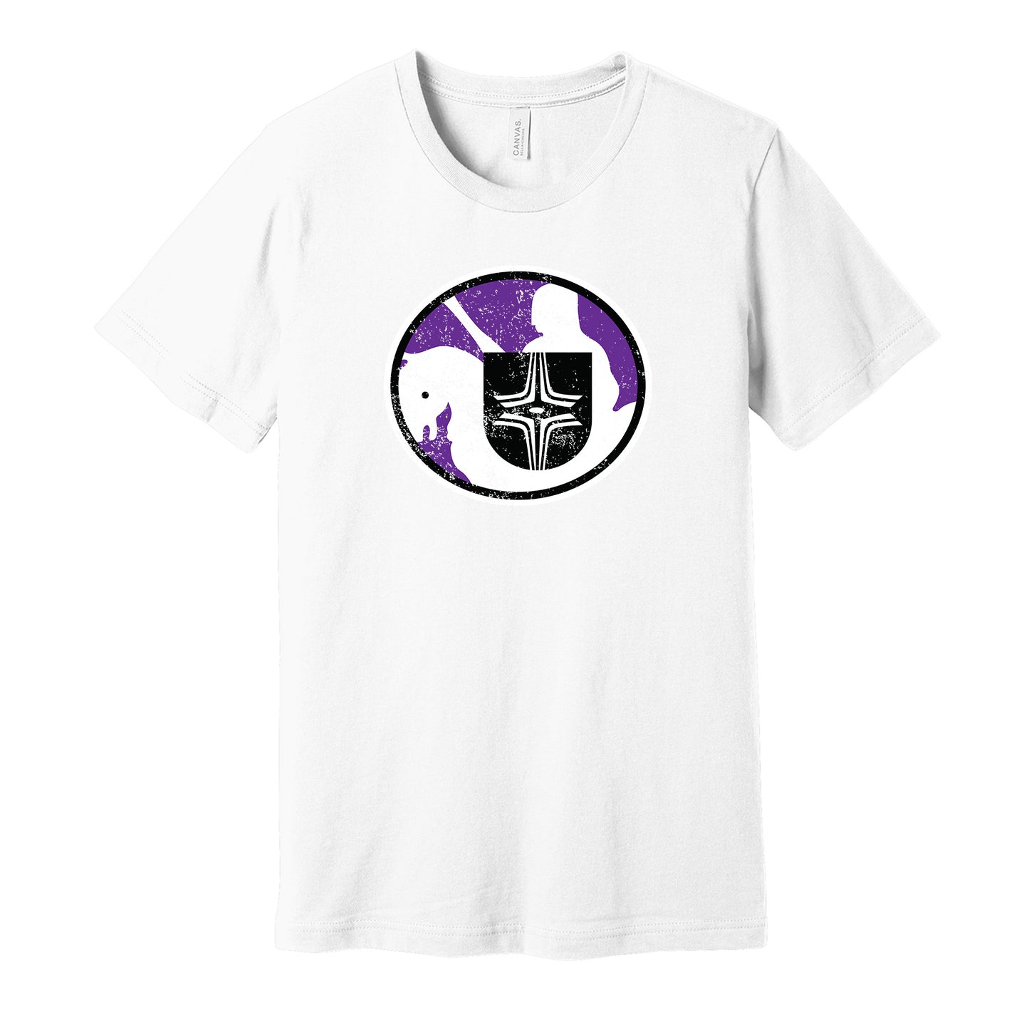 Cleveland Crusaders vintage distressed logo white t-shirt featuring the classic 1970s WHA hockey team logo in a retro worn style by Hyper Than Hype Shirts.
