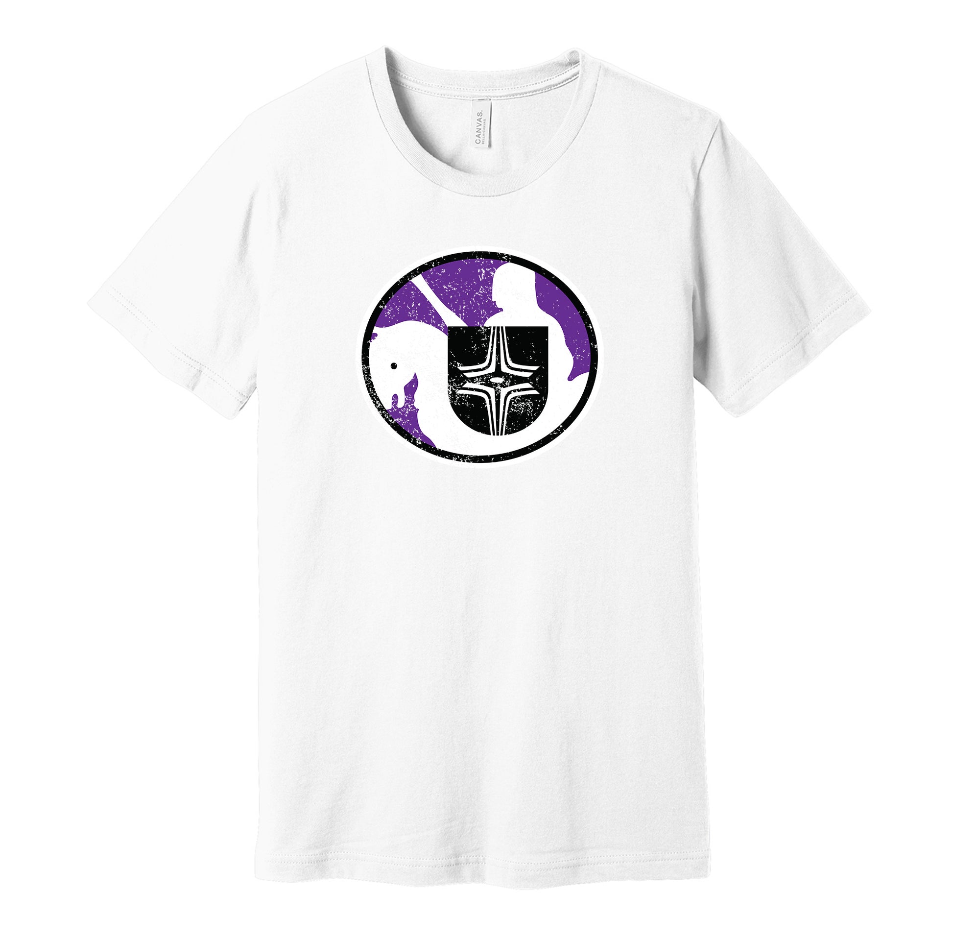 Cleveland Crusaders vintage distressed logo white t-shirt featuring the classic 1970s WHA hockey team logo in a retro worn style by Hyper Than Hype Shirts.