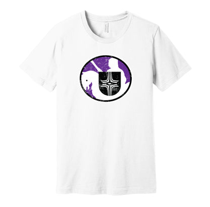 Cleveland Crusaders vintage distressed logo white t-shirt featuring the classic 1970s WHA hockey team logo in a retro worn style by Hyper Than Hype Shirts.