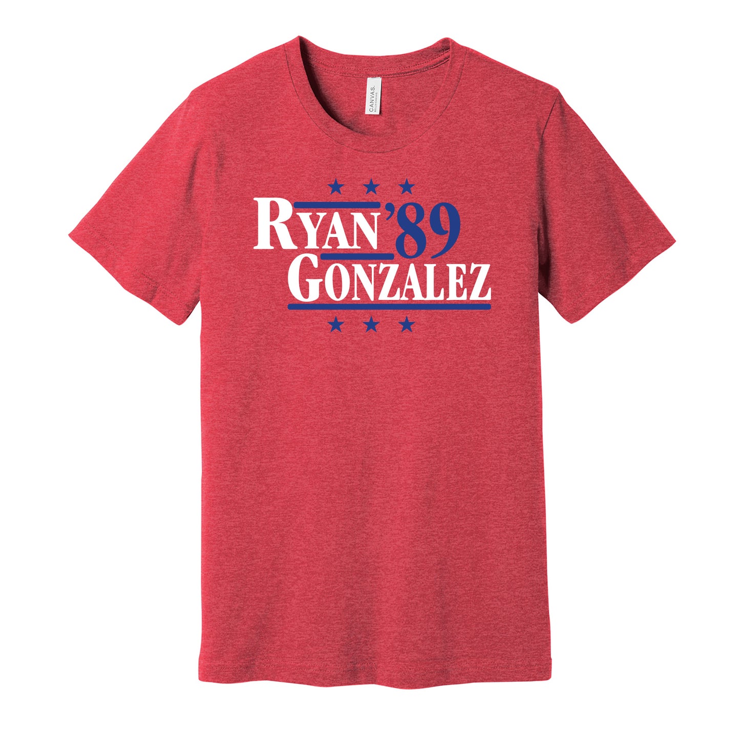 Texas Rangers retro political campaign parody red t-shirt featuring Nolan Ryan and Juan Gonzalez '89, designed in a vintage election style by Hyper Than Hype Shirts.