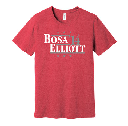 Ohio State Buckeyes retro political campaign parody red t-shirt featuring Joey Bosa and Ezekiel Elliott '14, designed in a vintage election style by Hyper Than Hype Shirts.