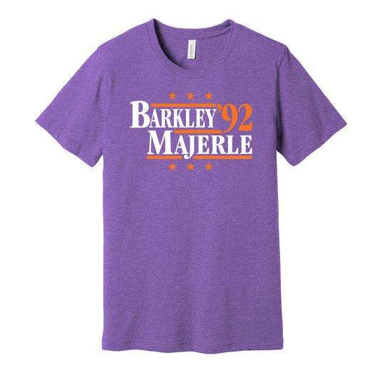 Phoenix Suns retro political campaign purple t-shirt featuring Charles Barkley and Dan Majerle '92, designed in a vintage election style by Hyper Than Hype Shirts.