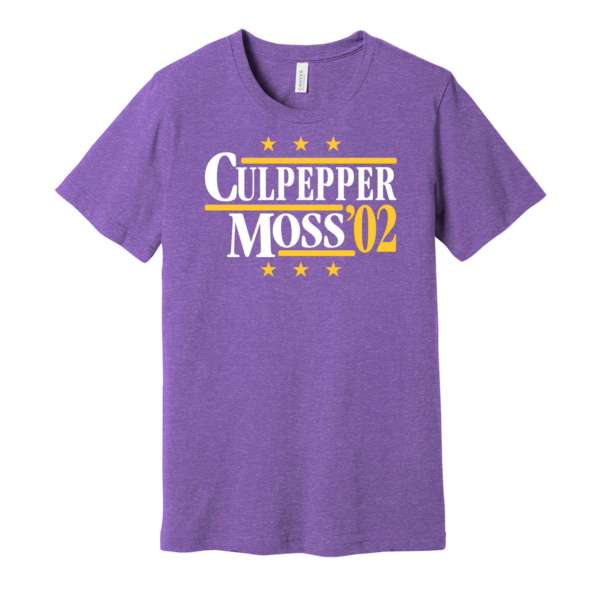 Minnesota Vikings retro political campaign parody purple t-shirt featuring Daunte Culpepper and Randy Moss '02, designed in a vintage election style by Hyper Than Hype Shirts.