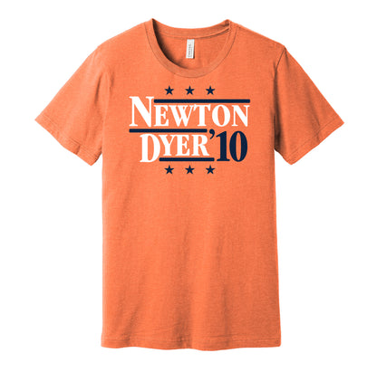Auburn Tigers retro political campaign parody orange t-shirt featuring Cam Newton and Michael Dyer '10, designed in a vintage election style by Hyper Than Hype Shirts.