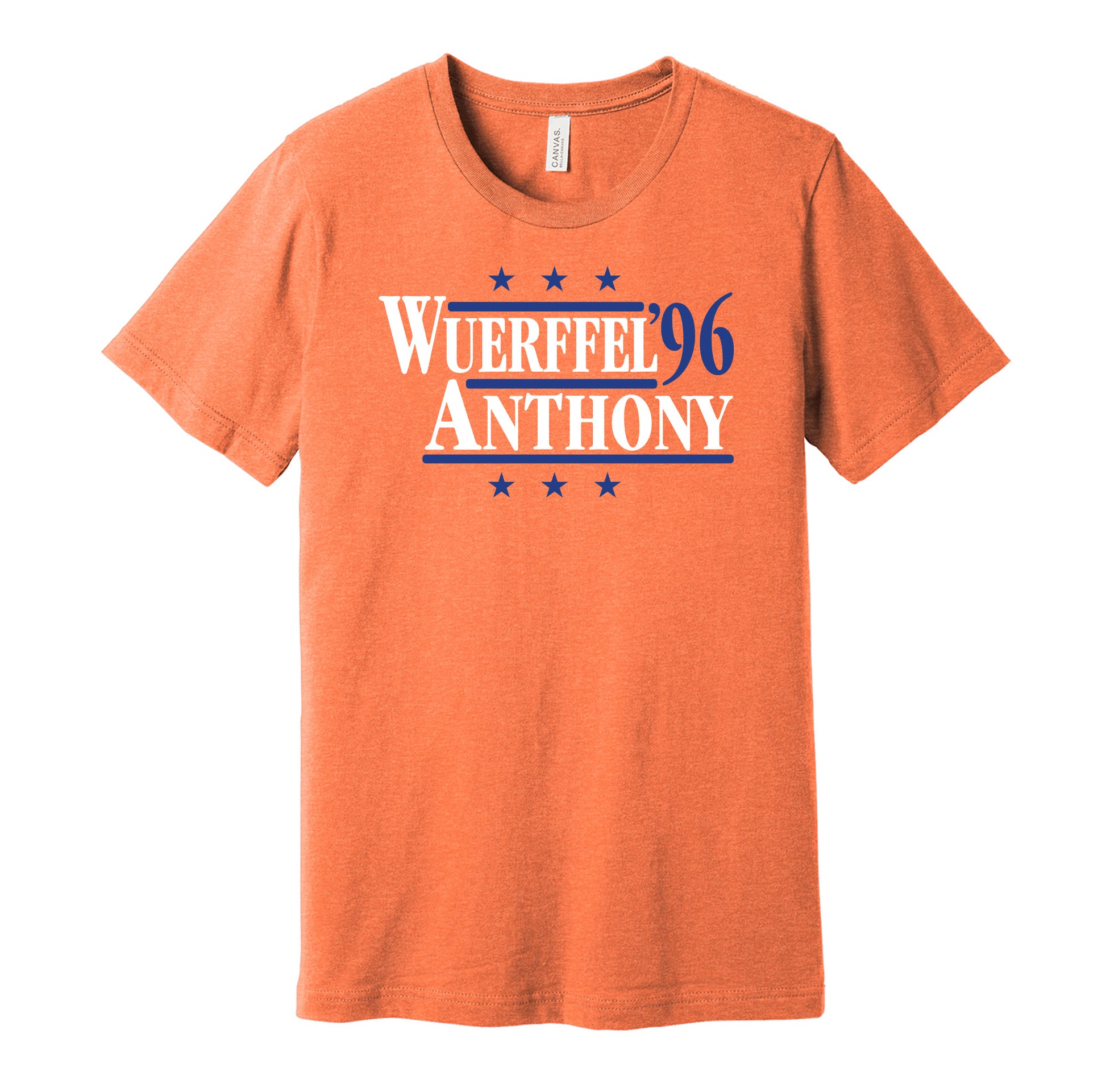 Florida Gators retro political campaign parody orange t-shirt featuring Danny Wuerffel and Reidel Anthony '96, designed in a vintage election style by Hyper Than Hype Shirts.