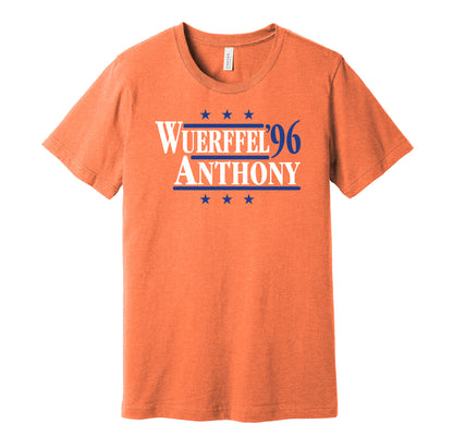 Florida Gators retro political campaign parody orange t-shirt featuring Danny Wuerffel and Reidel Anthony '96, designed in a vintage election style by Hyper Than Hype Shirts.