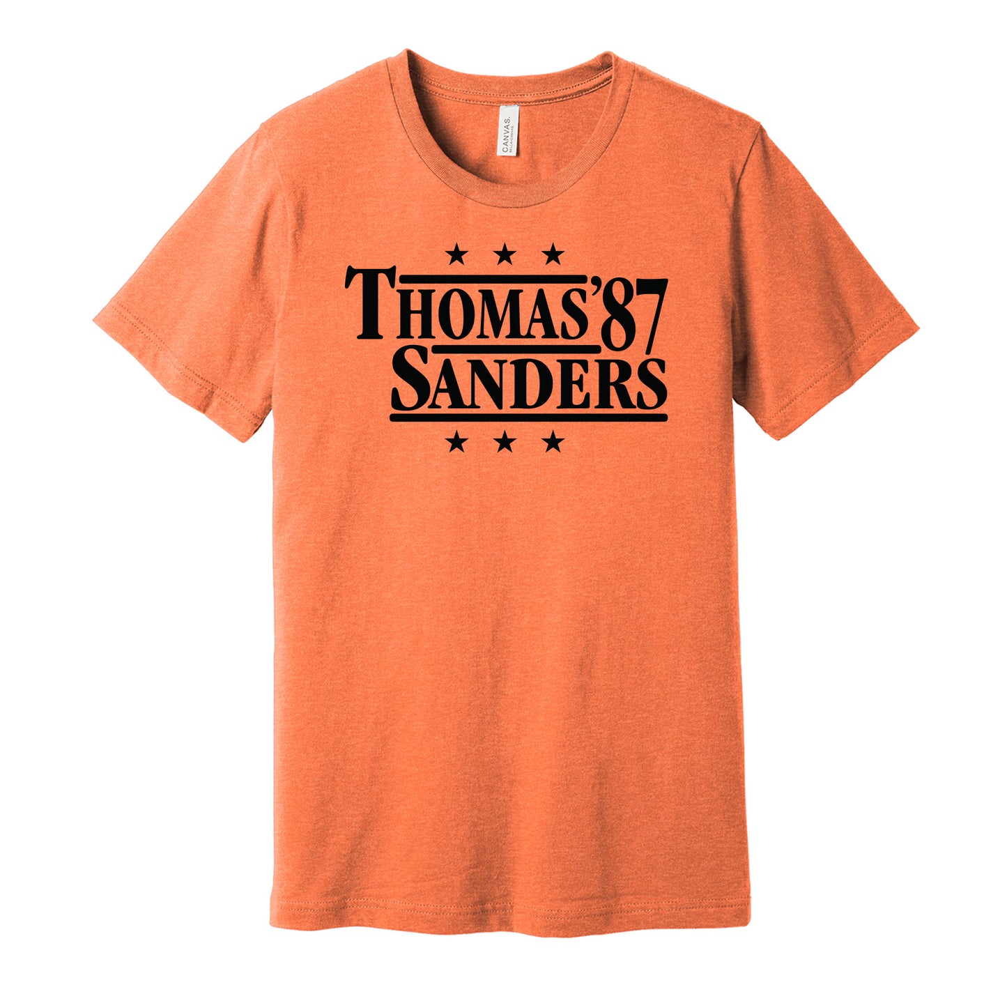 Oklahoma State Cowboys retro political campaign parody orange t-shirt featuring Thurman Thomas and Barry Sanders '87, designed in a vintage election style by Hyper Than Hype Shirts.