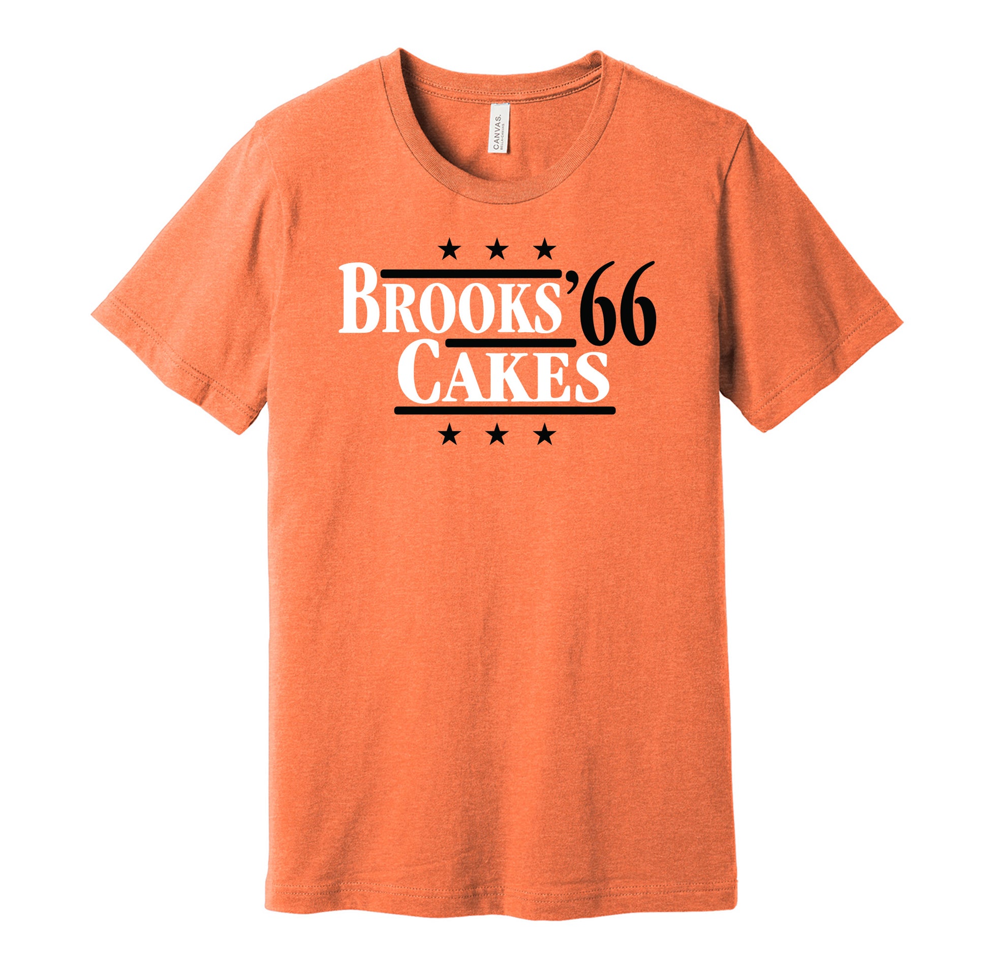 Baltimore Orioles retro political campaign parody orange t-shirt featuring Brooks Robinson and Jim Palmer '66, designed in a vintage election style by Hyper Than Hype Shirts.