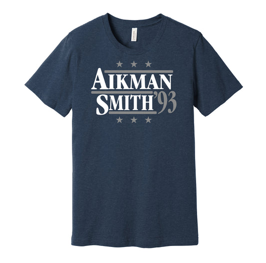 Dallas Cowboys retro political campaign parody navy t-shirt featuring Troy Aikman and Emmitt Smith '93, designed in a vintage election style by Hyper Than Hype Shirts.