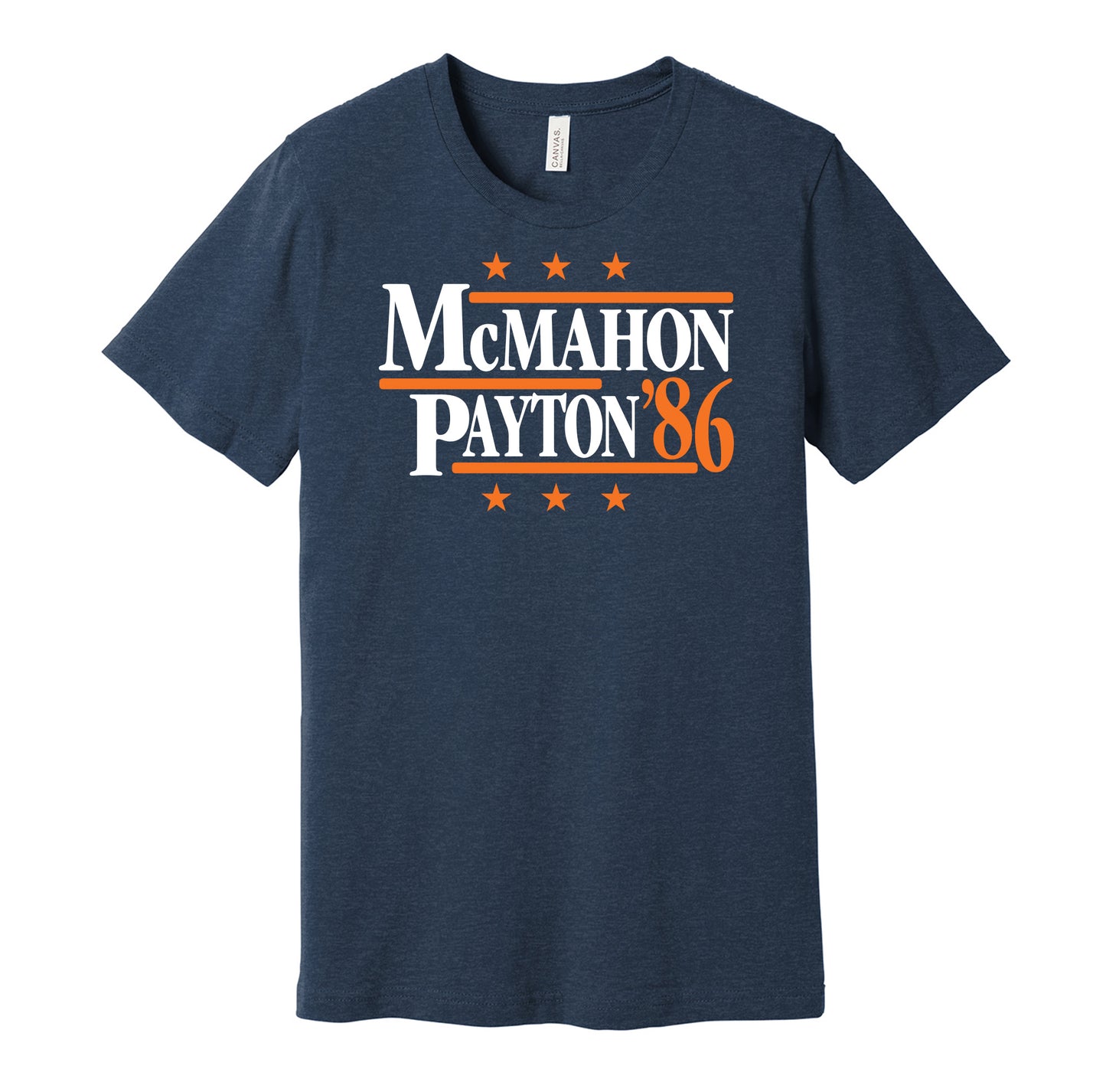 Chicago Bears retro political campaign parody navy t-shirt featuring Jim McMahon and Walter Payton '86, designed in a vintage election style by Hyper Than Hype Shirts.