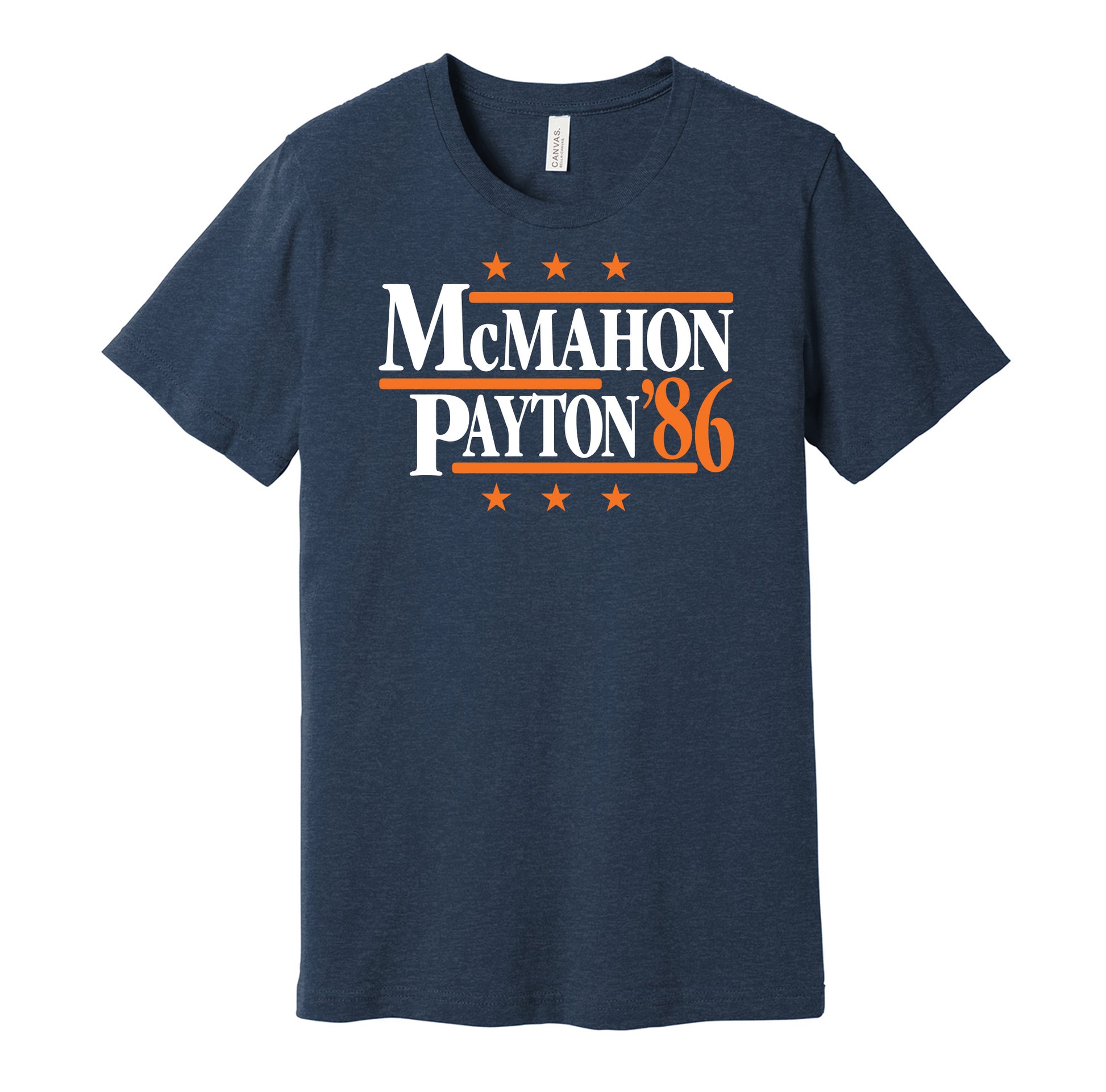 Chicago Bears retro political campaign parody navy t-shirt featuring Jim McMahon and Walter Payton '86, designed in a vintage election style by Hyper Than Hype Shirts.