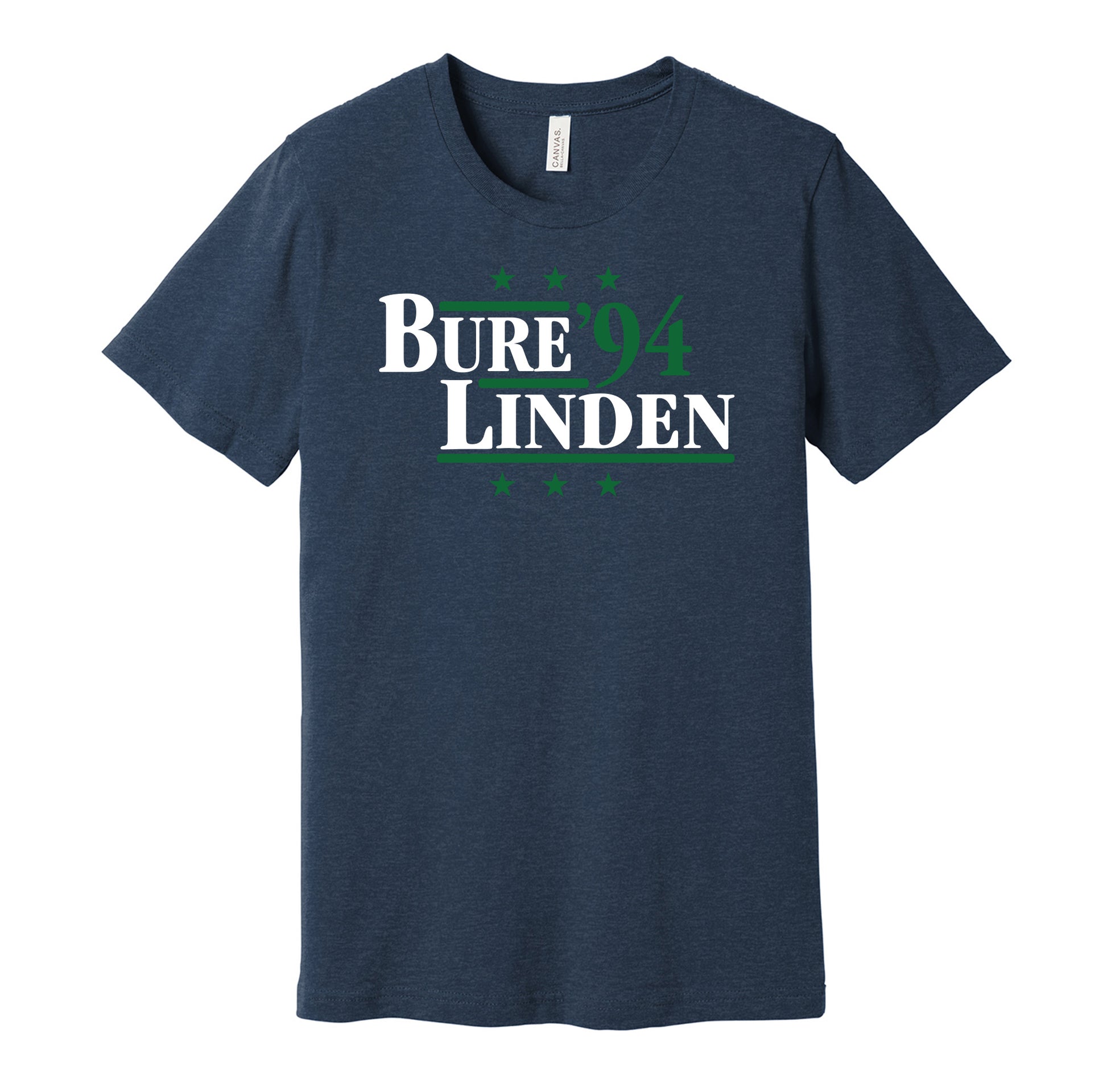 Vancouver Canucks retro political campaign parody blue t-shirt featuring Pavel Bure and Trevor Linden '94, designed in a vintage election style by Hyper Than Hype Shirts.