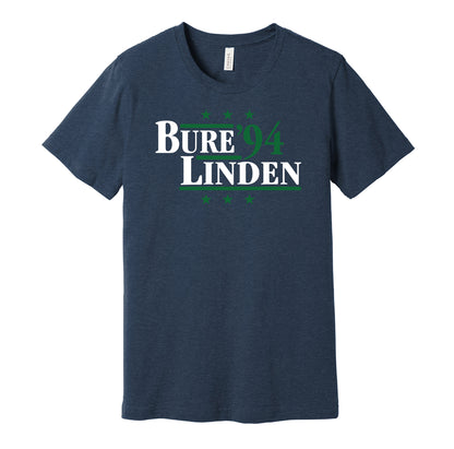 Vancouver Canucks retro political campaign parody blue t-shirt featuring Pavel Bure and Trevor Linden '94, designed in a vintage election style by Hyper Than Hype Shirts.