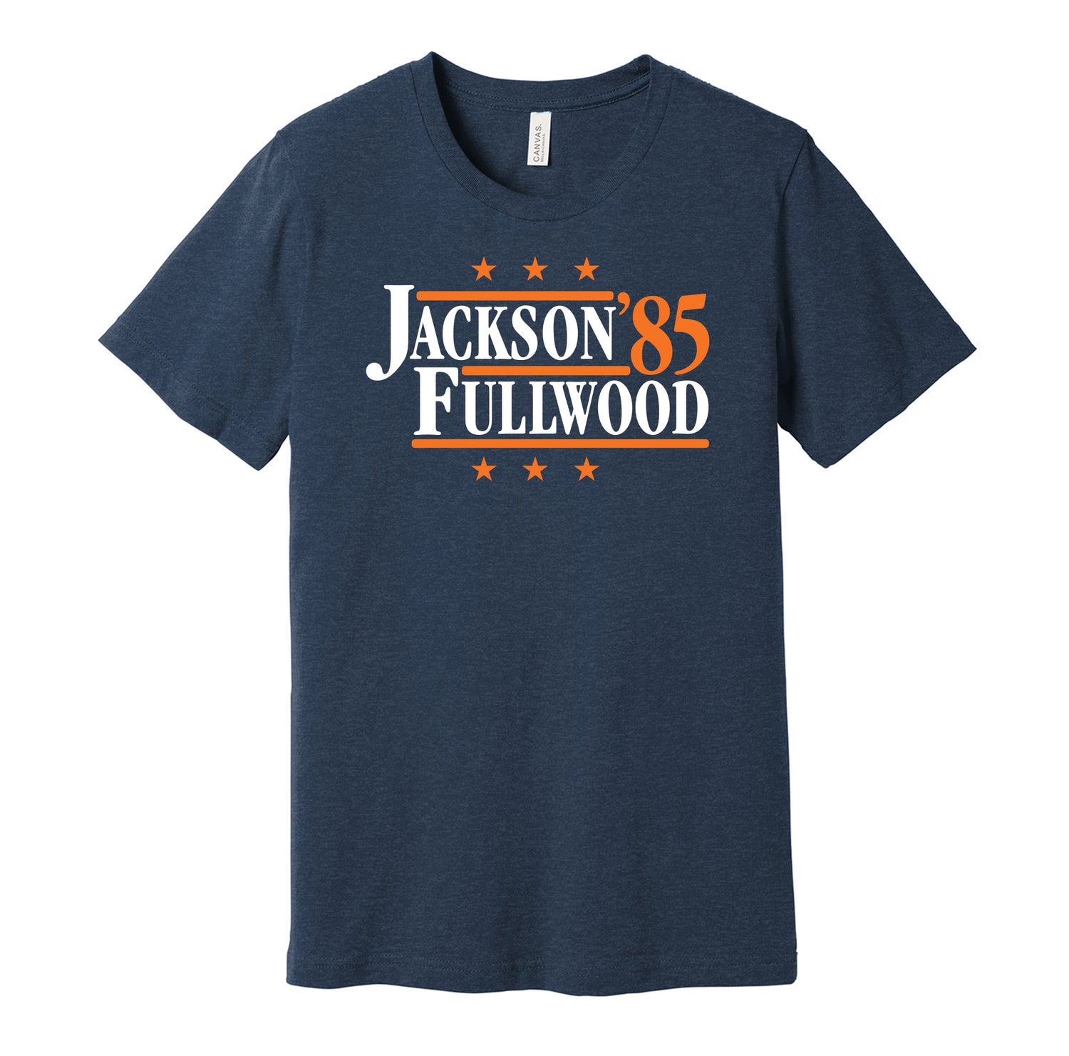 Auburn Tigers retro political campaign parody navy t-shirt featuring Bo Jackson and Brent Fullwood '85, designed in a vintage election style by Hyper Than Hype Shirts.