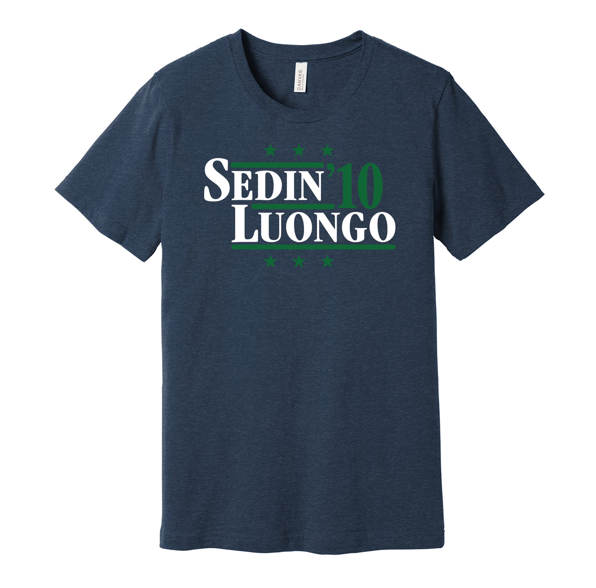 Vancouver Canucks retro political campaign parody blue t-shirt featuring Henrik Sedin and Roberto Luongo '10, designed in a vintage election style by Hyper Than Hype Shirts.