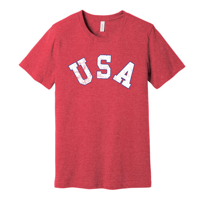 Team USA Hockey vintage distressed logo red t-shirt featuring the classic 1980s American Olympic hockey team logo in a retro worn style by Hyper Than Hype Shirts.