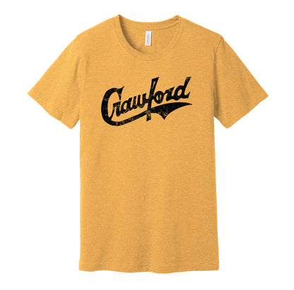 Pittsburgh Crawfords vintage distressed logo gold t-shirt featuring the classic Negro League baseball team logo in a retro worn style by Hyper Than Hype Shirts.
