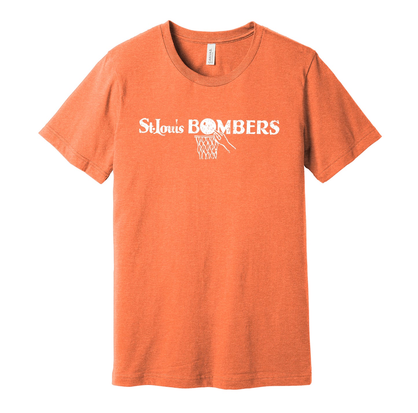 St. Louis Bombers vintage distressed logo orange t-shirt featuring the classic 1940s BAA basketball team logo in a retro worn style by Hyper Than Hype Shirts.