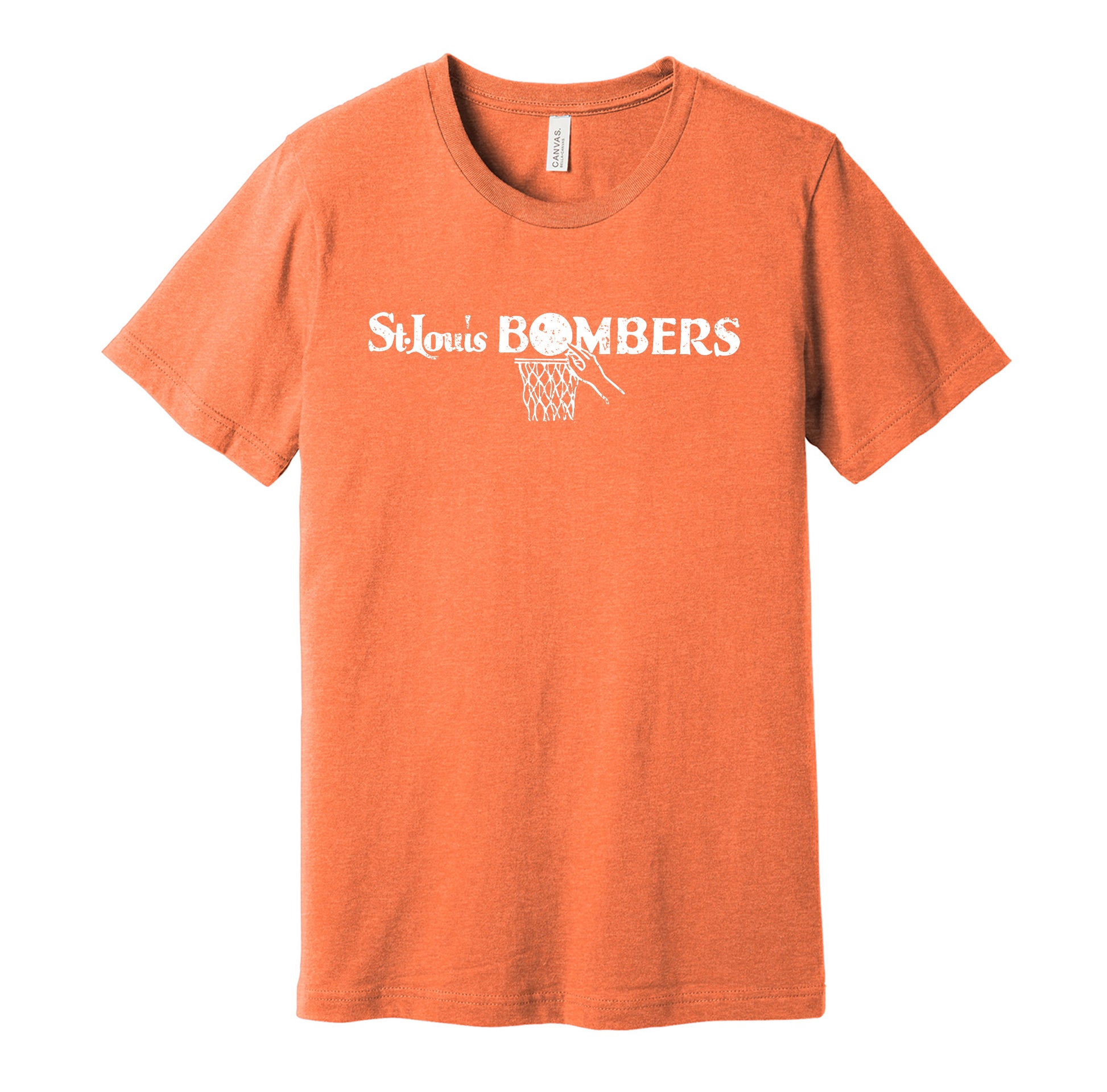 St. Louis Bombers vintage distressed logo orange t-shirt featuring the classic 1940s BAA basketball team logo in a retro worn style by Hyper Than Hype Shirts.
