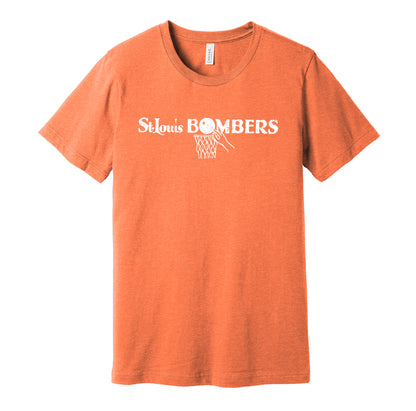 St. Louis Bombers vintage distressed logo orange t-shirt featuring the classic 1940s BAA basketball team logo in a retro worn style by Hyper Than Hype Shirts.