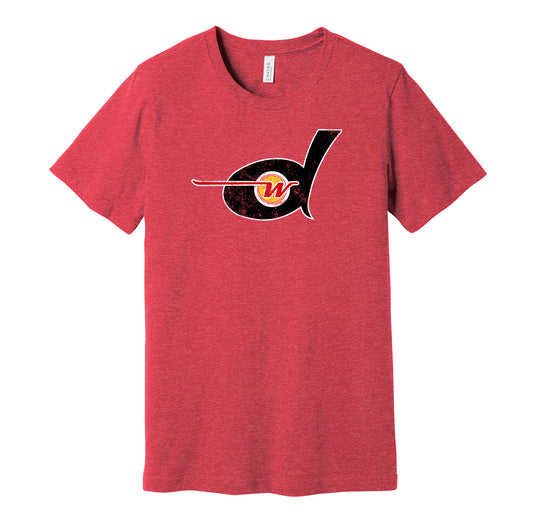 Detroit Wheels vintage distressed logo red t-shirt featuring the classic 1970s WFL football team logo in a retro worn style by Hyper Than Hype Shirts.