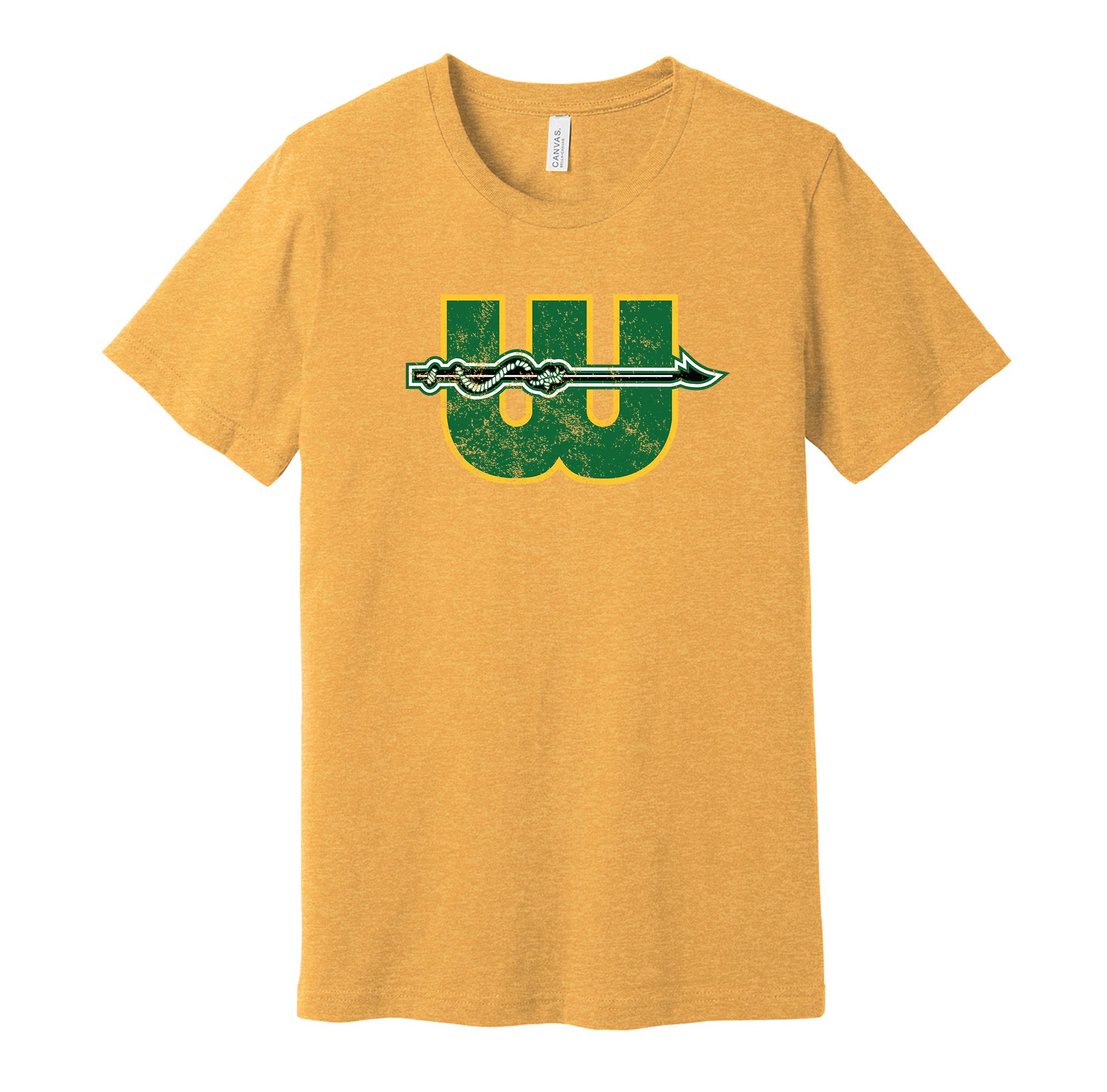 New England Whalers vintage distressed logo gold t-shirt featuring the classic WHA hockey team logo in a retro worn style by Hyper Than Hype Shirts.