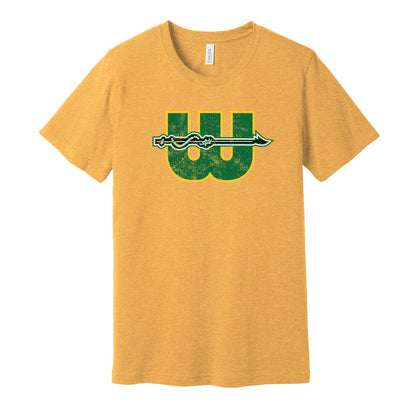New England Whalers vintage distressed logo gold t-shirt featuring the classic WHA hockey team logo in a retro worn style by Hyper Than Hype Shirts.