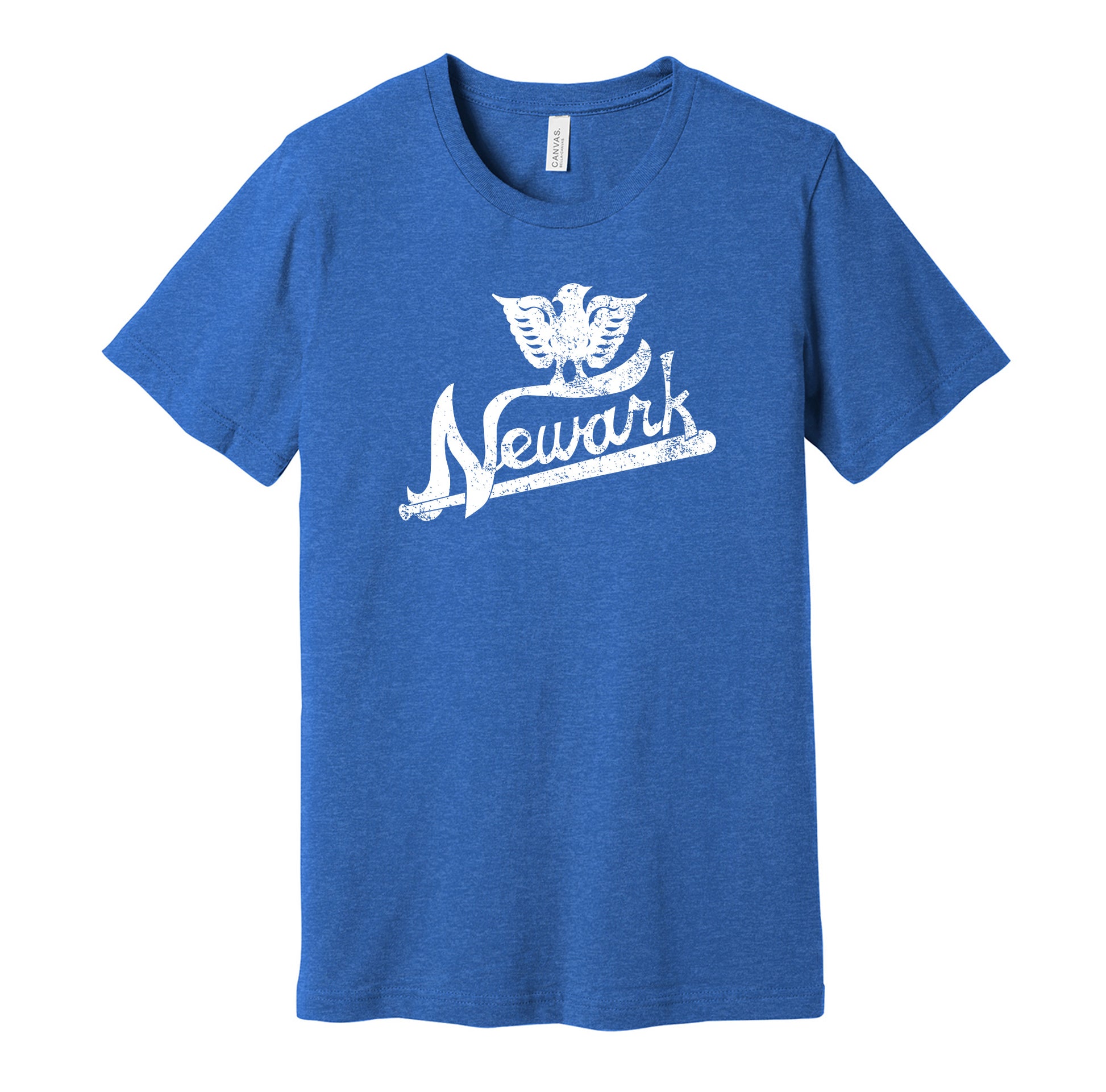 Newark Eagles vintage distressed logo blue t-shirt featuring the classic Negro League baseball team logo in a retro worn style by Hyper Than Hype Shirts.