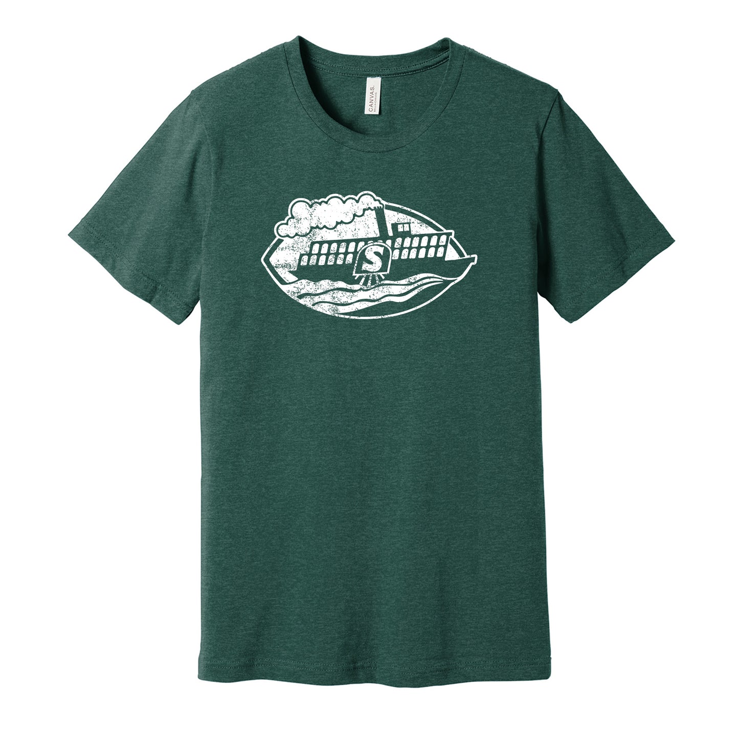 Shreveport Steamer vintage distressed logo green t-shirt featuring the classic 1970s WFL football team logo in a retro worn style by Hyper Than Hype Shirts.