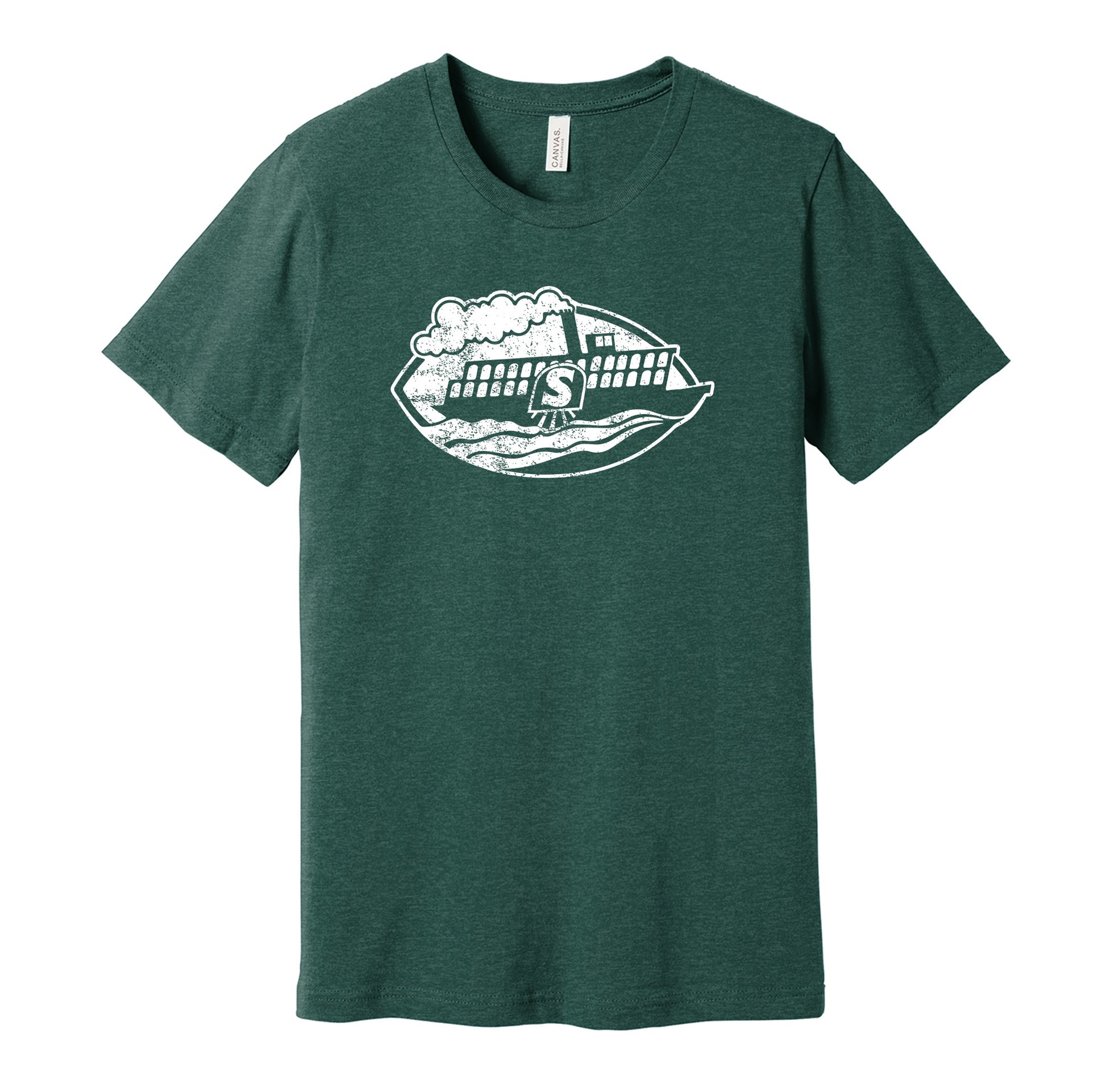 Shreveport Steamer vintage distressed logo green t-shirt featuring the classic 1970s WFL football team logo in a retro worn style by Hyper Than Hype Shirts.