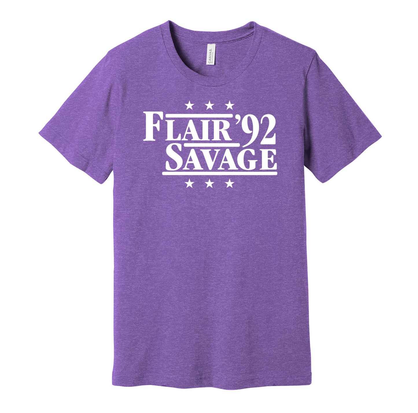Professional wrestling retro political campaign parody purple t-shirt featuring Ric Flair and Randy Savage '92, designed in a vintage election style by Hyper Than Hype Shirts.