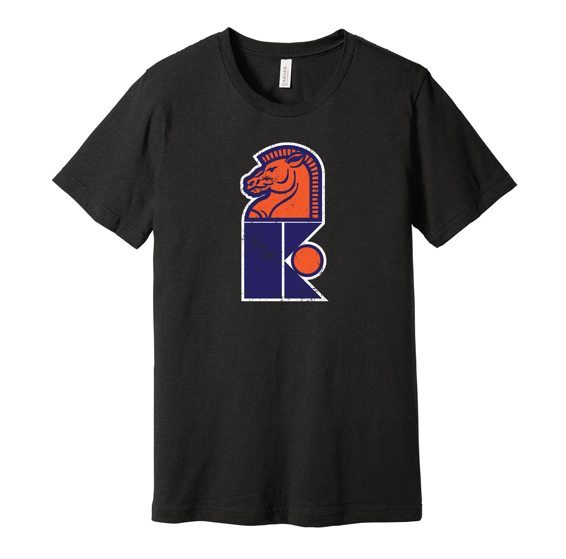 New Jersey Knights vintage distressed logo black t-shirt featuring the classic 1970s WHA hockey team logo in a retro worn style by Hyper Than Hype Shirts.