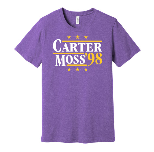 Minnesota Vikings retro political campaign parody purple t-shirt featuring Cris Carter and Randy Moss '98, designed in a vintage election style by Hyper Than Hype Shirts.